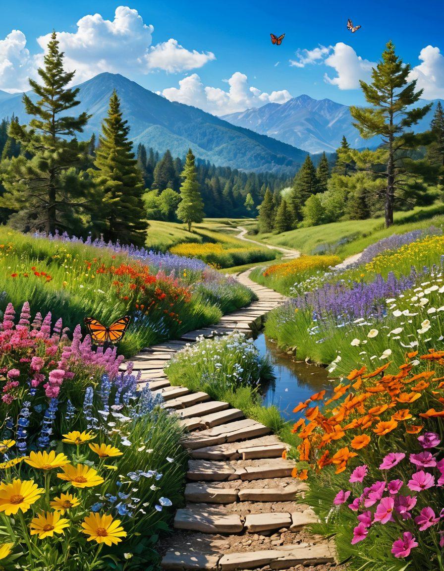 A serene landscape depicting a winding path through a vibrant meadow filled with blooming flowers and butterflies, symbolizing a joyful journey. Include a diverse group of people smiling and engaging in uplifting activities along the path. The sky above should be bright and sunny, radiating warmth and positivity. Incorporate elements of mindfulness, like a gentle stream flowing nearby, suggesting tranquility and well-being. vibrant colors. super-realistic.
