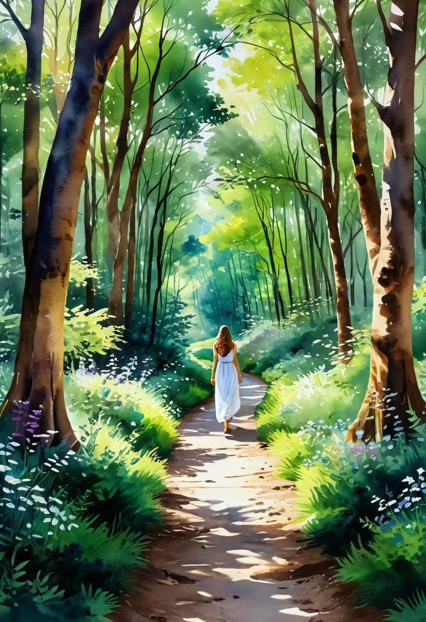 A serene pathway winding through a lush, sunlit forest, symbolizing the journey of self-improvement. Alongside the path, blooming flowers represent personal growth, while soft rays of sunlight filter through the trees, evoking a sense of joy and tranquility. A person walking, with a gentle smile, embodies emotional well-being. The atmosphere is calm and inviting, encouraging self-discovery. watercolor painting. vibrant colors. tranquil ambiance.