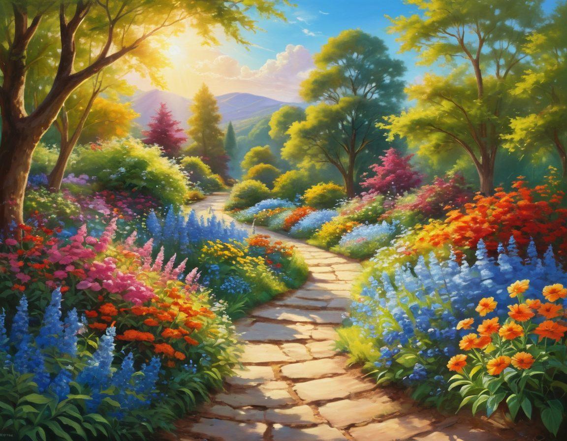 A serene landscape depicting a sunlit path winding through a vibrant garden filled with blooming flowers and lush greenery. Along the path, cheerful individuals of diverse backgrounds are engaged in joyful activities, such as laughing, meditating, and painting. The sky is bright blue with a radiant sun shining down, symbolizing optimism and fulfillment. Soft, warm colors create an uplifting atmosphere. painting. vibrant colors. peaceful ambiance.